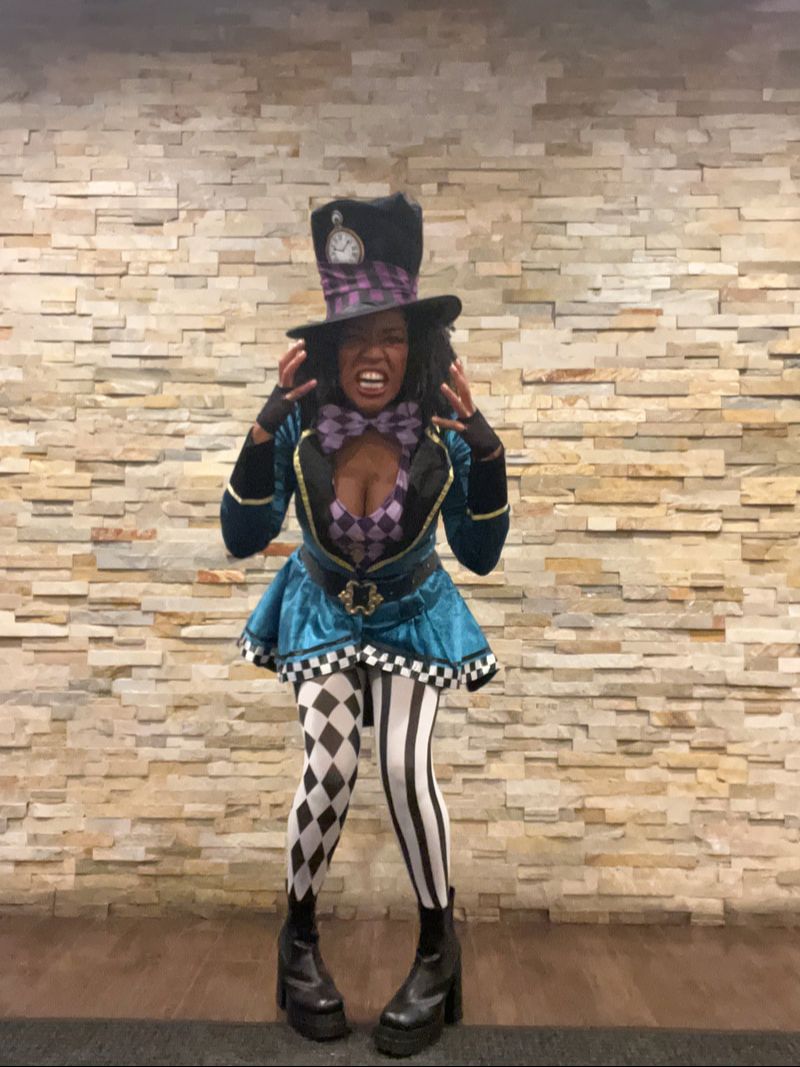 Jennifer D. Laws is dressed as the Mad Hatter for Halloween 2023. 
