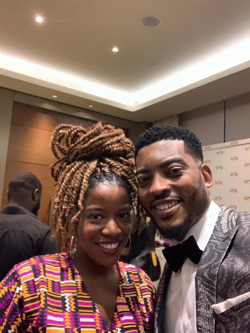  Jennifer D. Laws with Ghanaian actor James Gardiner at the Golden Movie Awards on August 24, 2019.