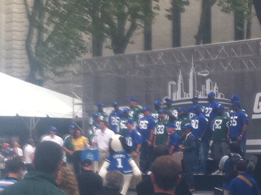 Giants and Jets players take the stage at the MetLife Stadium naming rights ceremony. 