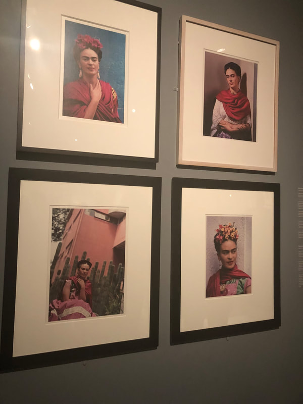 Top Left: Frida wearing the famous earrings given to her by Pablo Picasso | Bottom Left: Frida in Front of the Cactus Fence, San Ángel, 1938 | Top Right: Portrait of Frida Kahlo | Bottom Right: Portrait of Frida Kahlo wearing her signature red scarf 