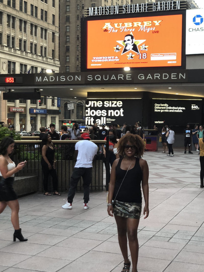 Jennifer D. Laws at the Aubrey & the Three Migos concert in front of Madison Square Garden on August 27, 2018.